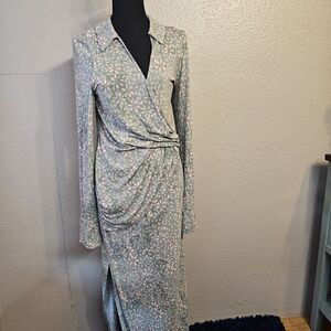 Free People Shayla Wrap Midi Dress Green Long Sleeve Floral Boho Bodycon  BB641